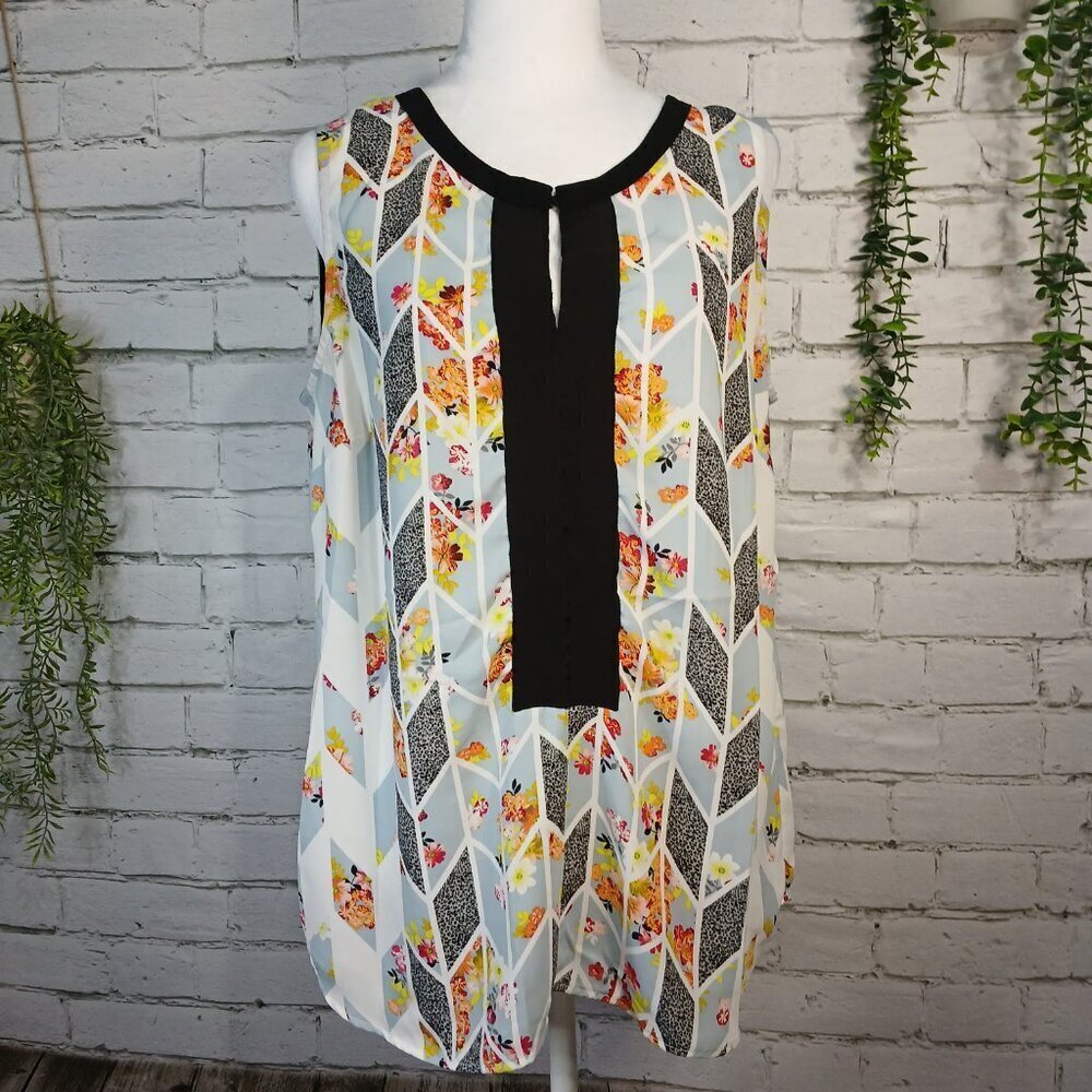 WOMENS CABI CHEVERON DESIGN SLEEVELESS TUNIC BLOUSE, WHITE AND BLACK, SIZE MED